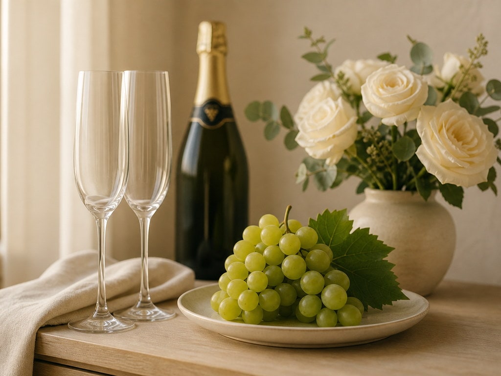 A welcome setting of two flutes, fresh green grapes and roses beside a chilled bottle