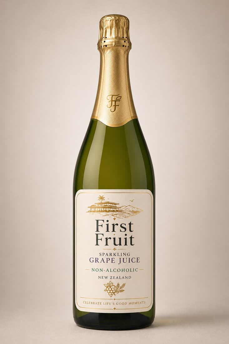 First Fruit Sparkling Grape Juice 750ml bottle with gold foil and cream label